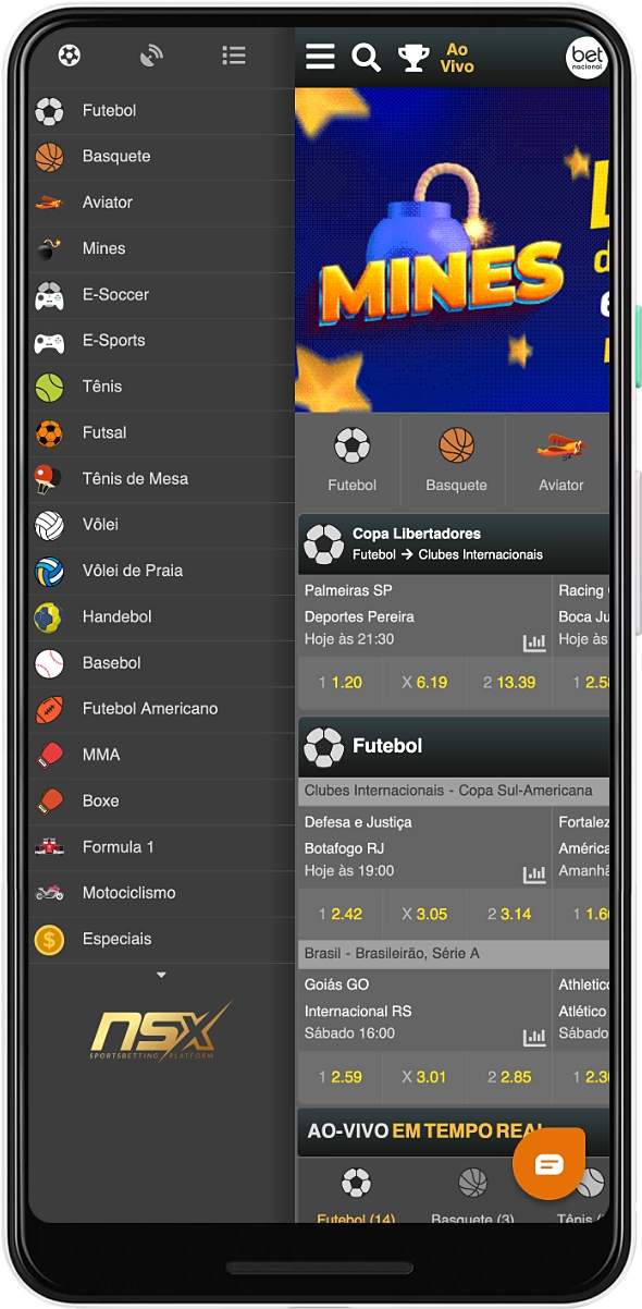 Os menus do aplicativo móvel Betnacional permitem acessar todos os principais recursos da plataforma