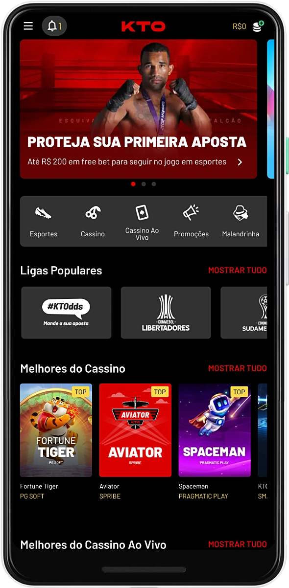 O aplicativo móvel KTO permite que você aposte em esportes e jogue jogos de cassino