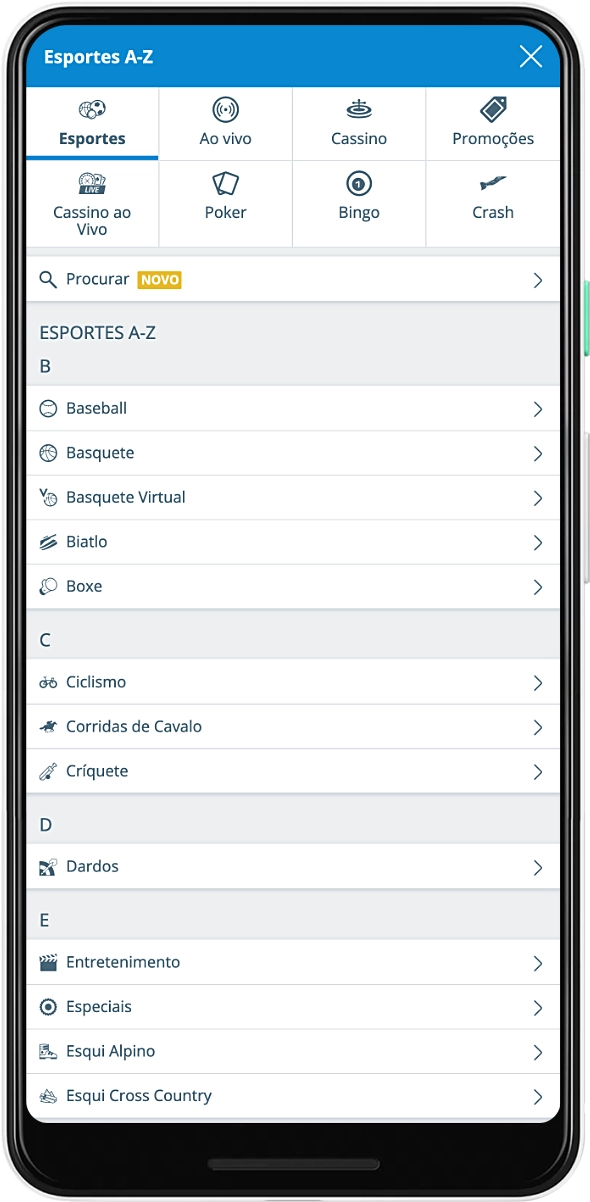 O menu do aplicativo Sportingbet permite que você navegue rapidamente para a seção desejada
