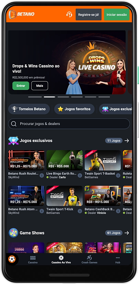 O aplicativo móvel Betano oferece uma seção de cassino ao vivo com dealer para usuários do Brasil