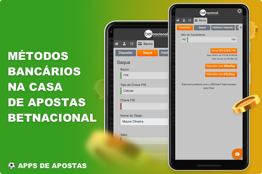 Vários métodos de pagamento estão disponíveis para os usuários brasileiros no aplicativo Betnacional