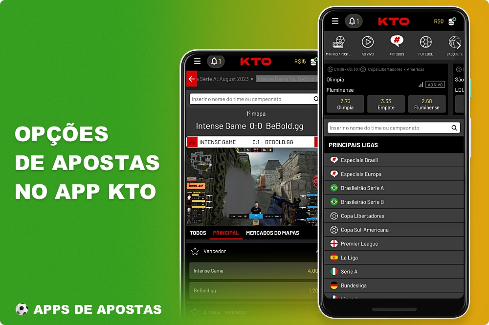 Várias opções de apostas esportivas estão disponíveis no aplicativo móvel KTO