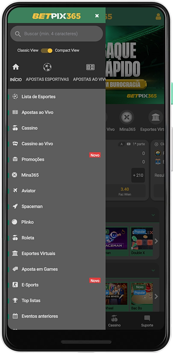 O menu do aplicativo BetPix365 permite que você navegue rapidamente para a seção desejada