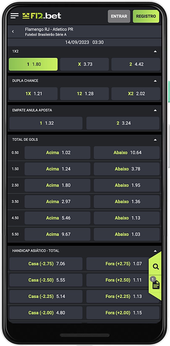 Diferentes tipos de apostas com diferentes probabilidades estão disponíveis no aplicativo móvel F12 Bet