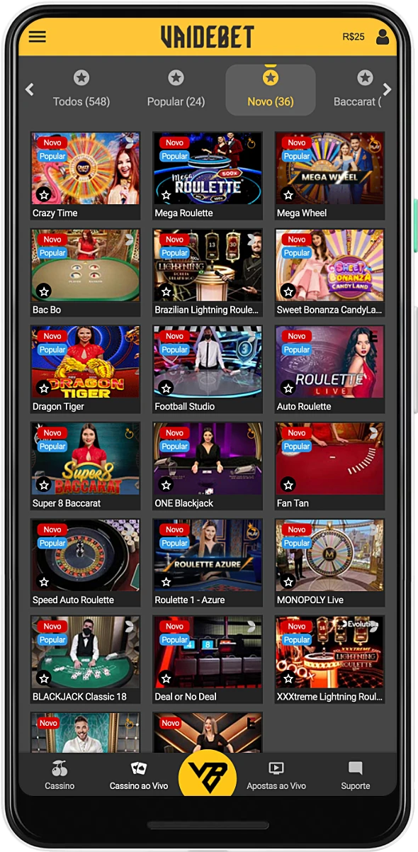 O aplicativo VaideBet apresenta uma grande coleção de jogos de cassino ao vivo com crupiês reais