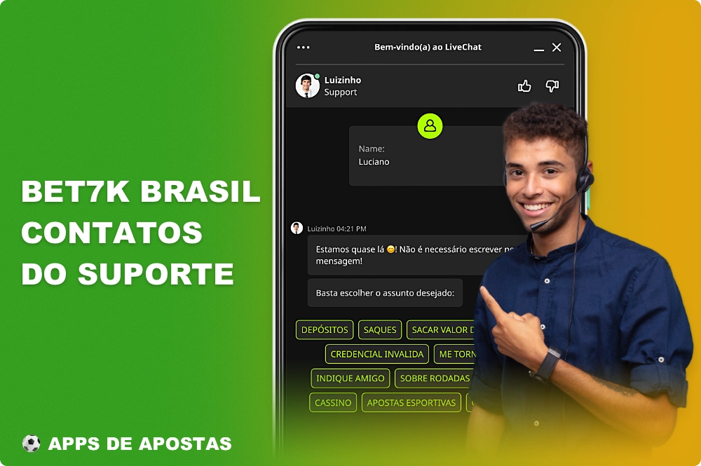 Usando o aplicativo Bet7k, os brasileiros podem entrar em contato com o suporte ao cliente via chat online, que está disponível 24 horas por dia