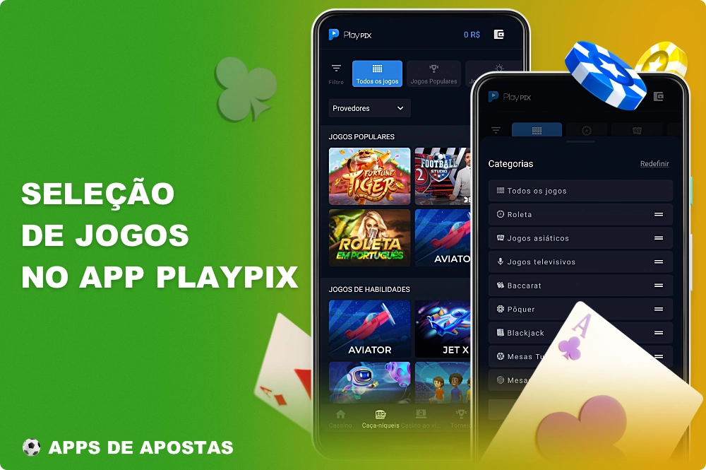 A seção de cassino do aplicativo Playpix contém muitos jogos de apostas populares e empolgantes, incluindo caça-níqueis, jogos de colisão, jogos com crupiê ao vivo e muito mais