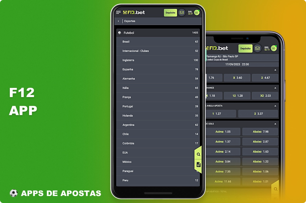 O aplicativo móvel de apostas em futebol F12 está disponível para usuários de Android e iOS