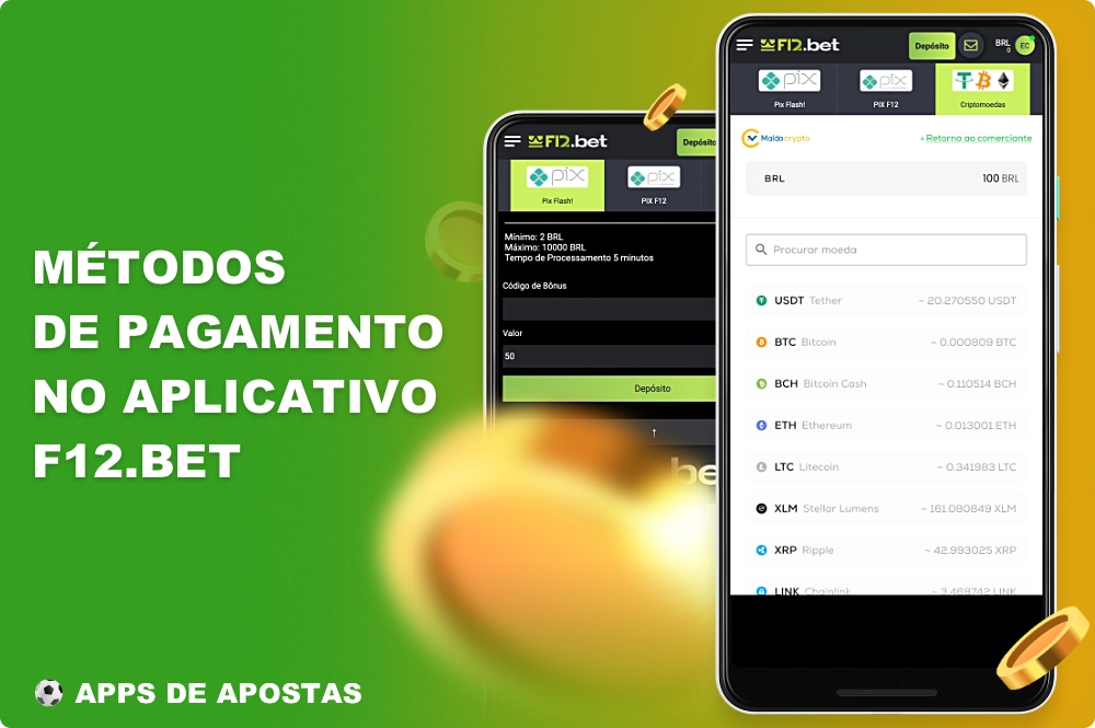 Para a conveniência dos usuários, há várias opções de pagamento disponíveis no aplicativo F12 Bet que os brasileiros podem usar para saques e depósitos