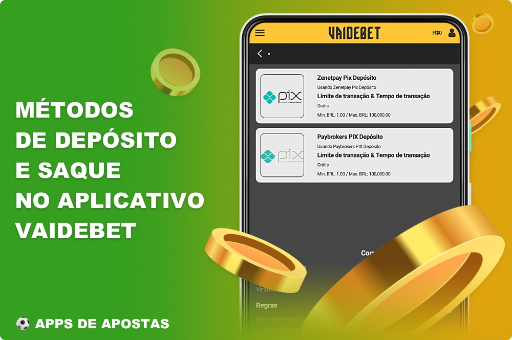 Para a conveniência dos usuários brasileiros, várias opções de pagamento estão disponíveis no aplicativo VaideBet