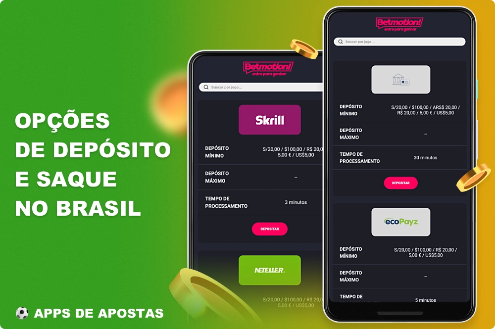 Para a conveniência dos usuários do Brasil, o aplicativo móvel Betmotion oferece uma variedade de opções de pagamento