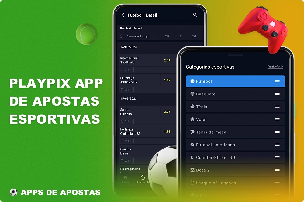 O aplicativo de apostas esportivas da Playpix permite que o usuário aposte em vários esportes, bem como em torneios populares