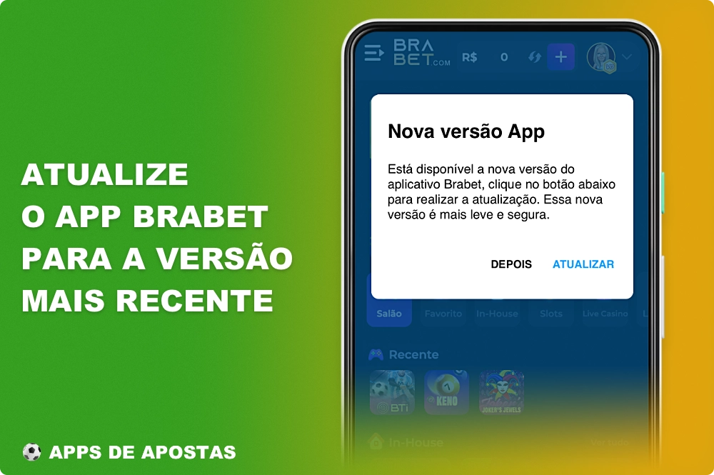 O aplicativo móvel Brabet é constantemente atualizado e, assim que uma nova atualização for lançada, o usuário será notificado imediatamente