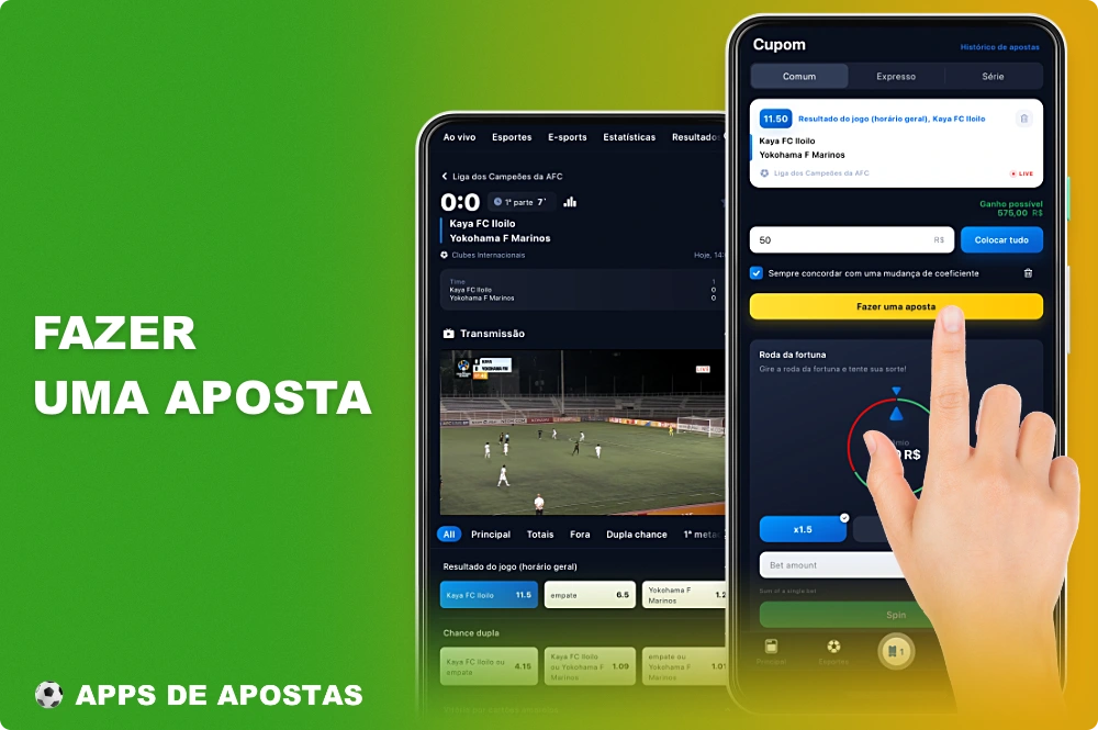 Para fazer uma aposta no aplicativo, o usuário brasileiro deve selecionar uma partida e escolher o resultado no qual deseja apostar