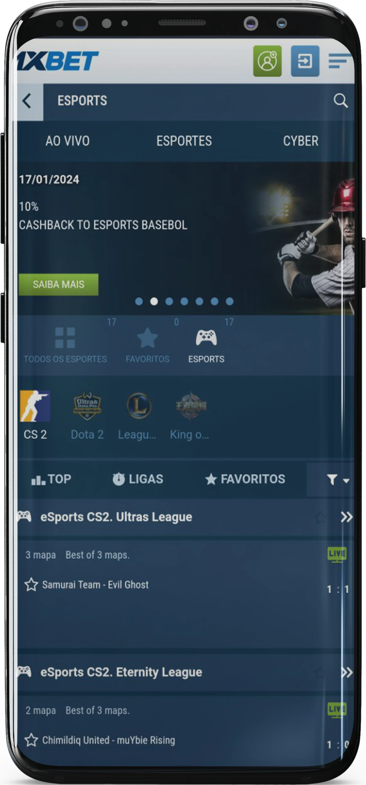 Captura de tela da seção de esportes no aplicativo 1xBet