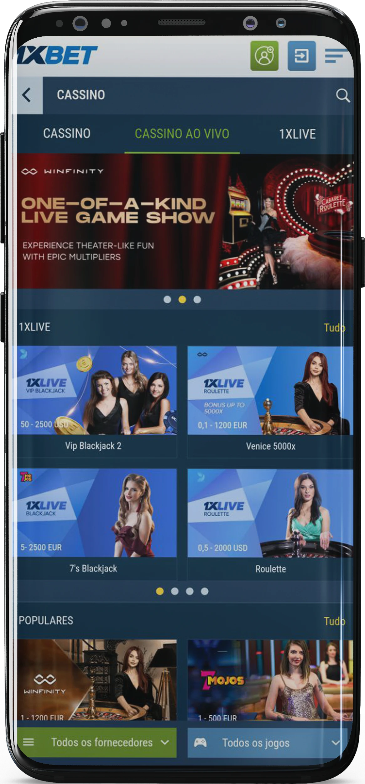 Captura de tela da seção de cassino ao vivo do aplicativo 1xBet
