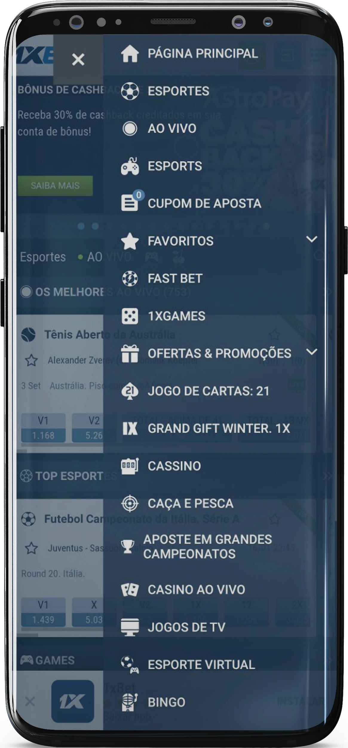 Captura de tela do menu no aplicativo 1xBet