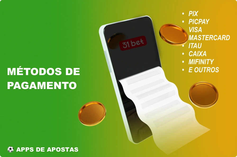 O aplicativo da 31bet tem um grande número de métodos de pagamento populares no Brasil