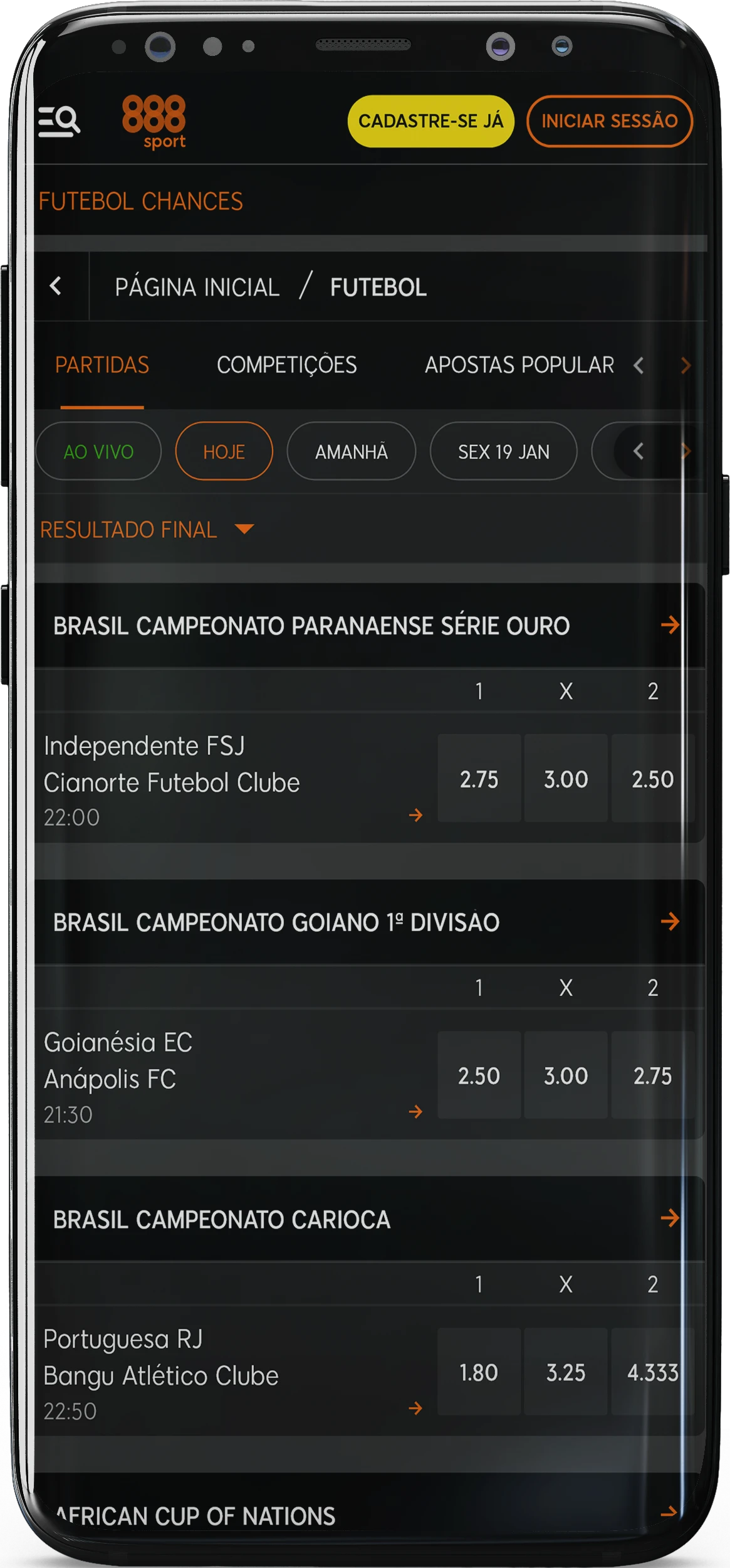 Captura de tela da seção de apostas em futebol do aplicativo 888sport