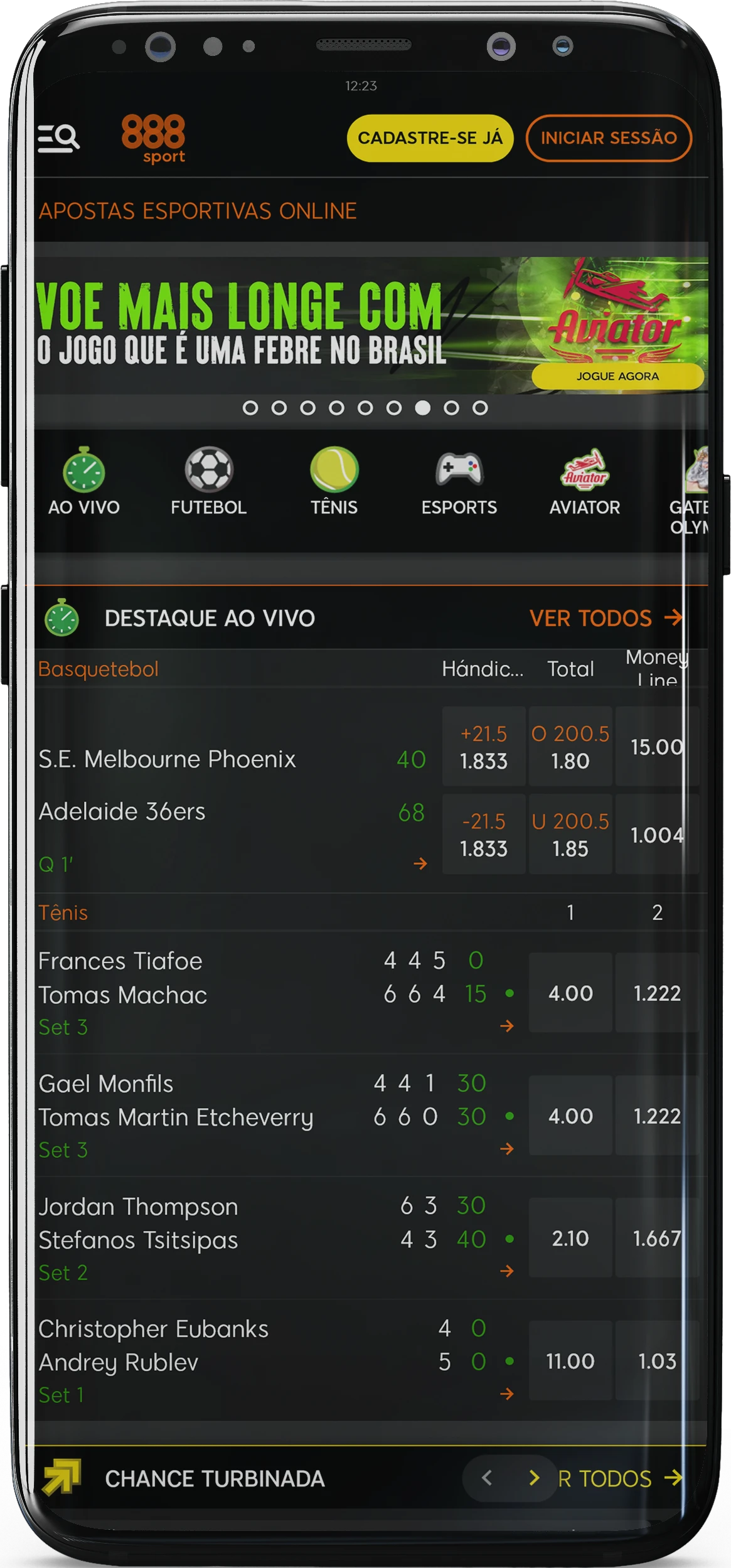 Captura de tela da página inicial do aplicativo 888sport