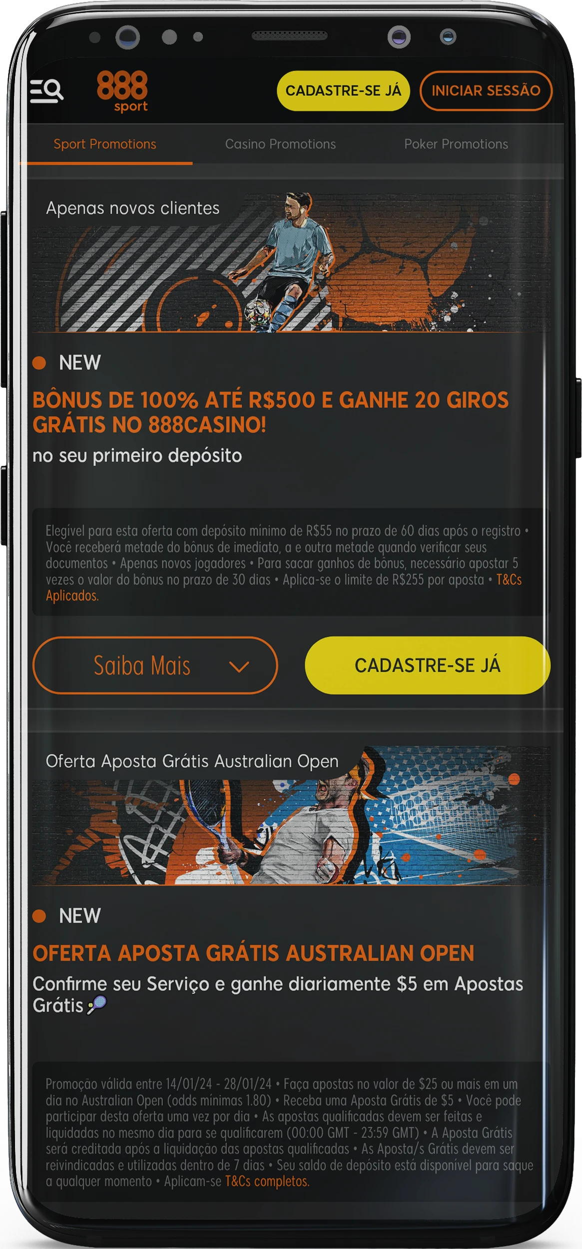 Captura de tela da página de bônus no aplicativo 888sport