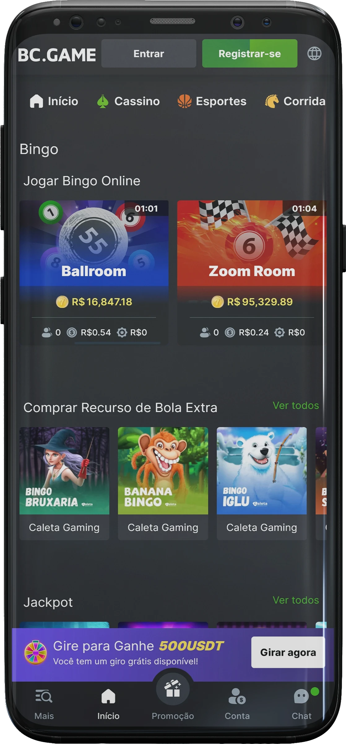 Captura de tela da seção de bingo do aplicativo BC.game