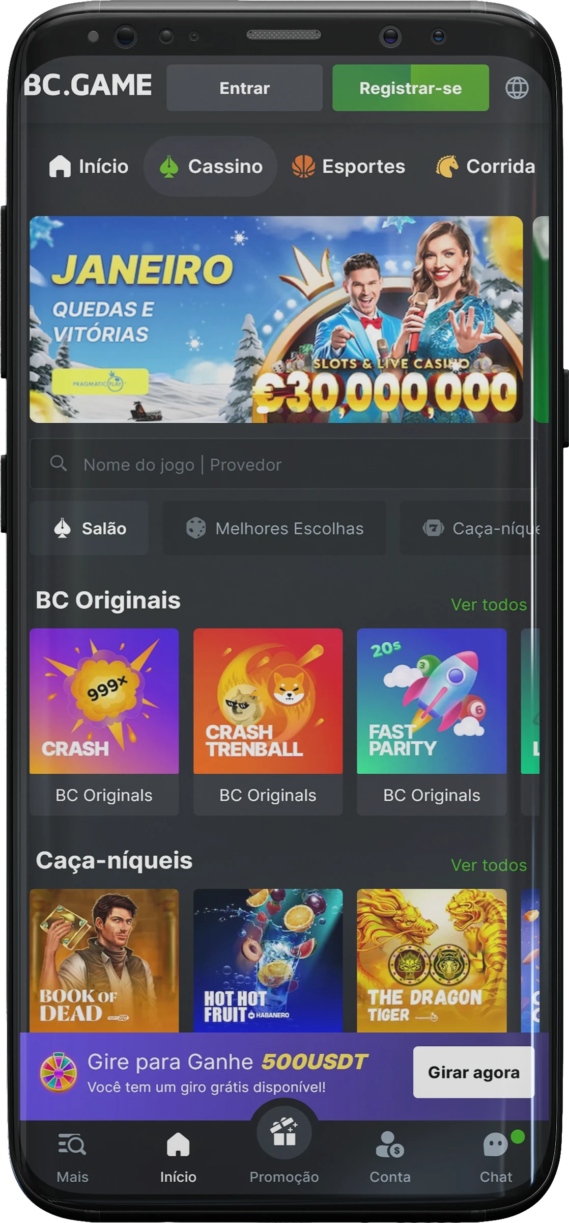 Captura de tela da seção de cassino do aplicativo BC.game