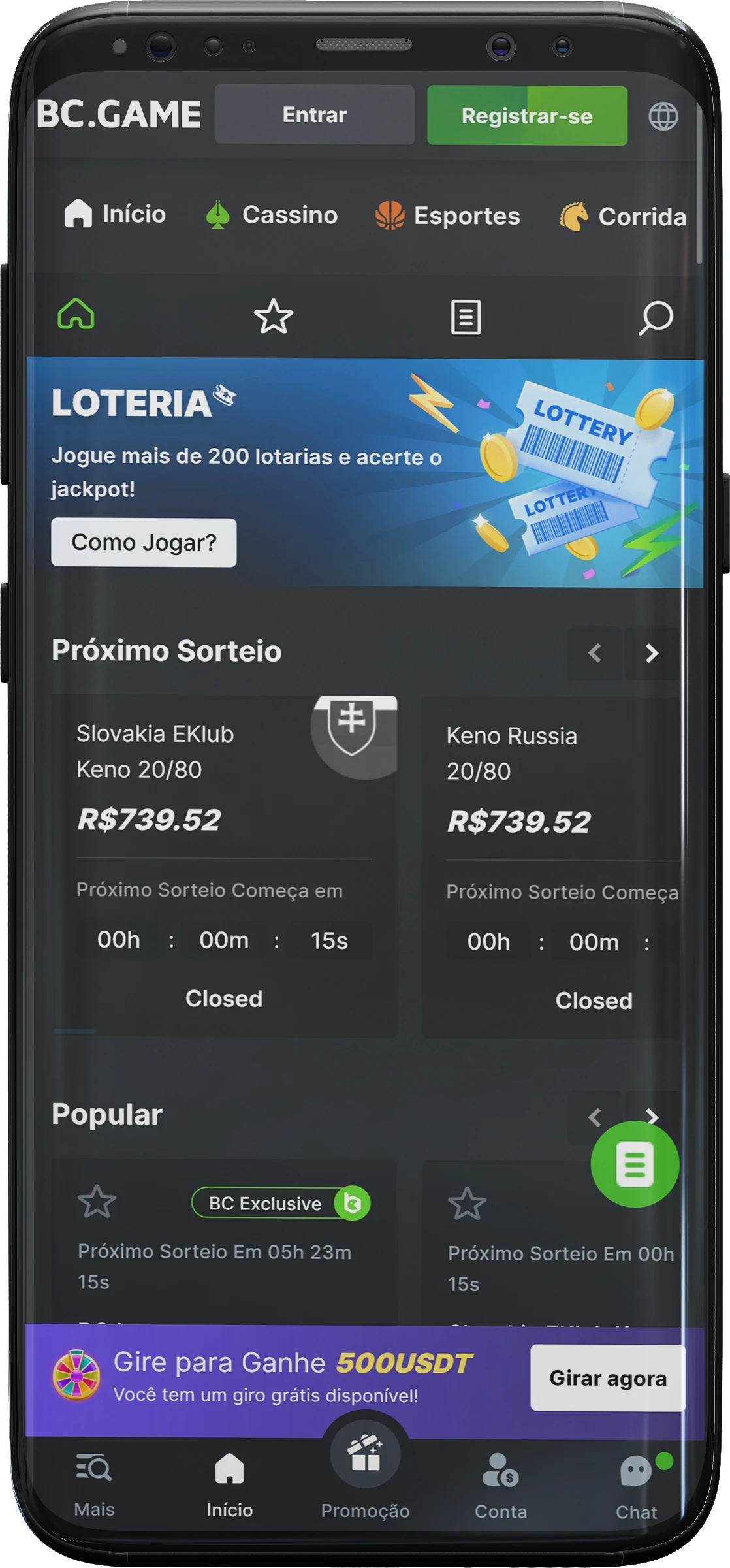 Captura de tela da seção de loteria no aplicativo BC.game