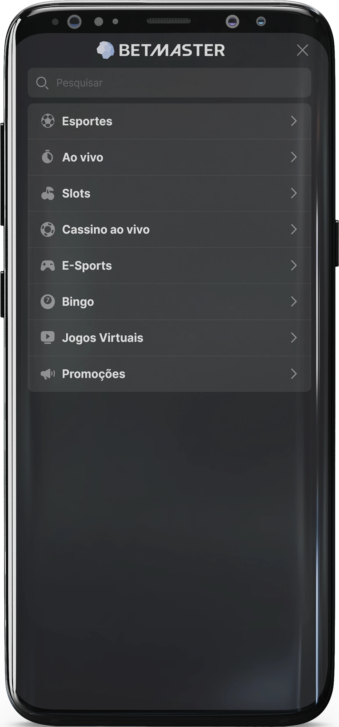 Captura de tela do menu no aplicativo Betmaster