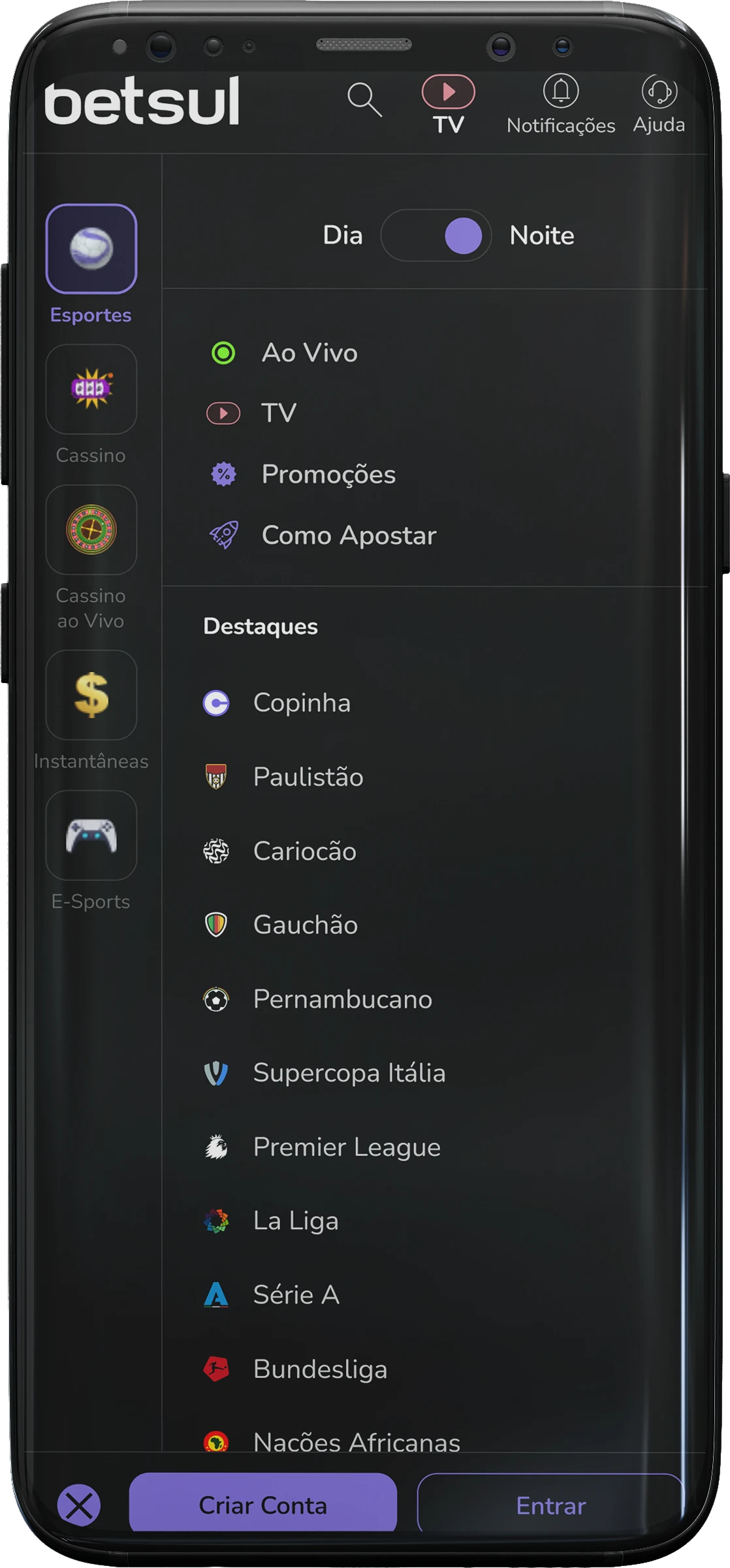 Captura de tela do menu no aplicativo Betsul