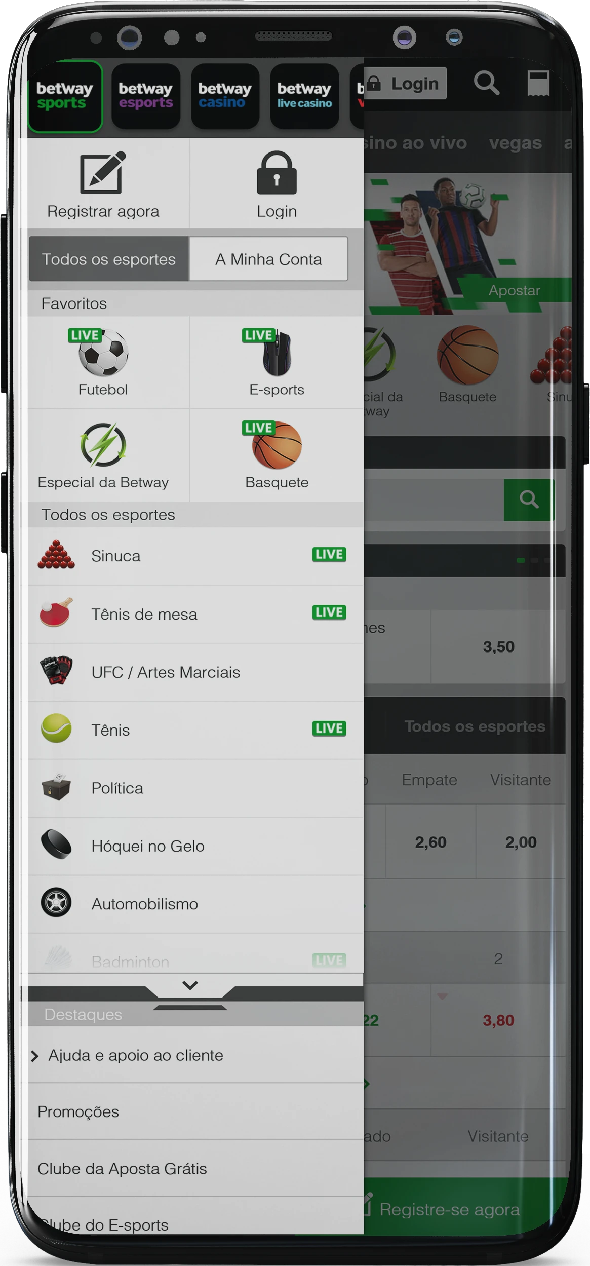 Captura de tela do menu no aplicativo Betway