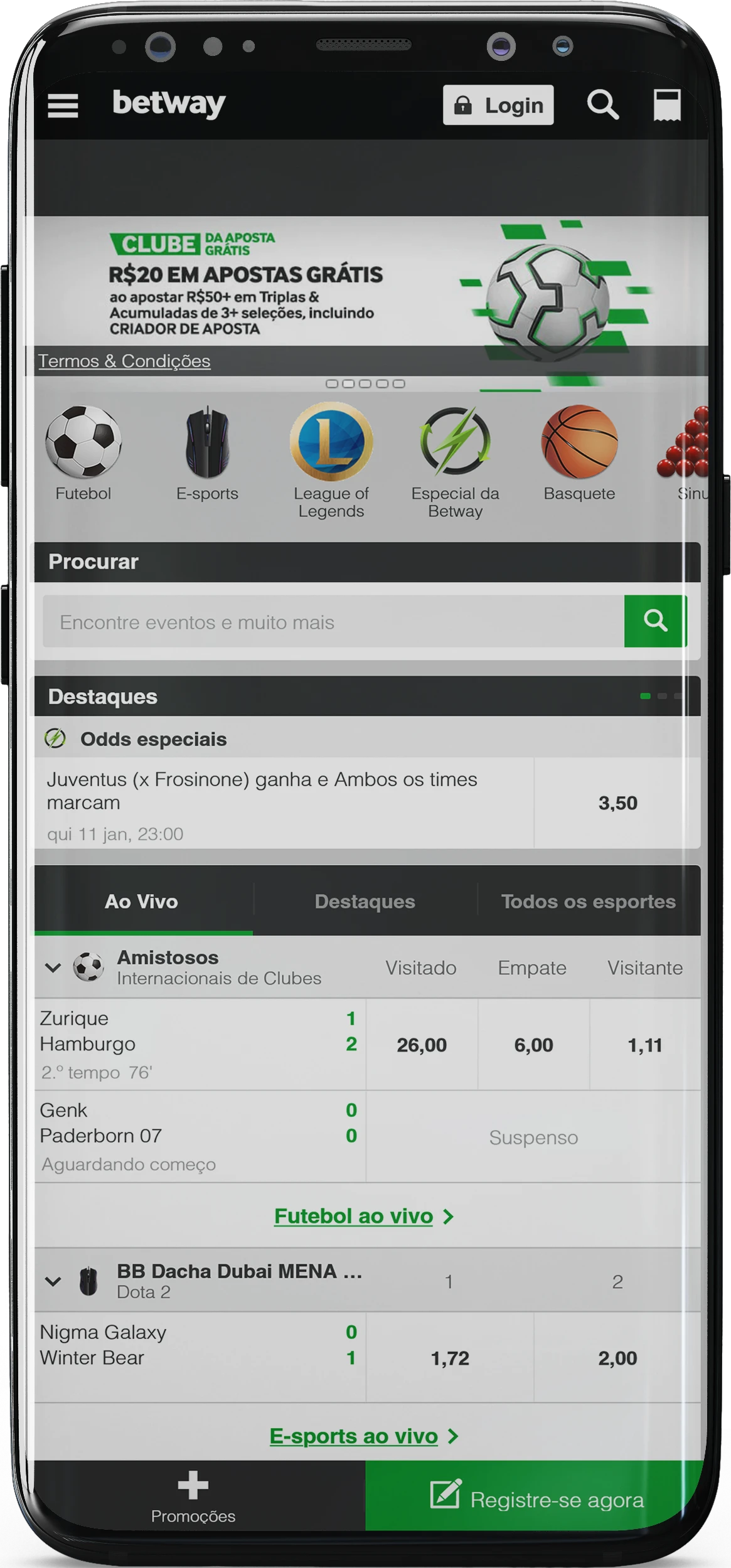 Captura de tela da seção de esportes no aplicativo Betway