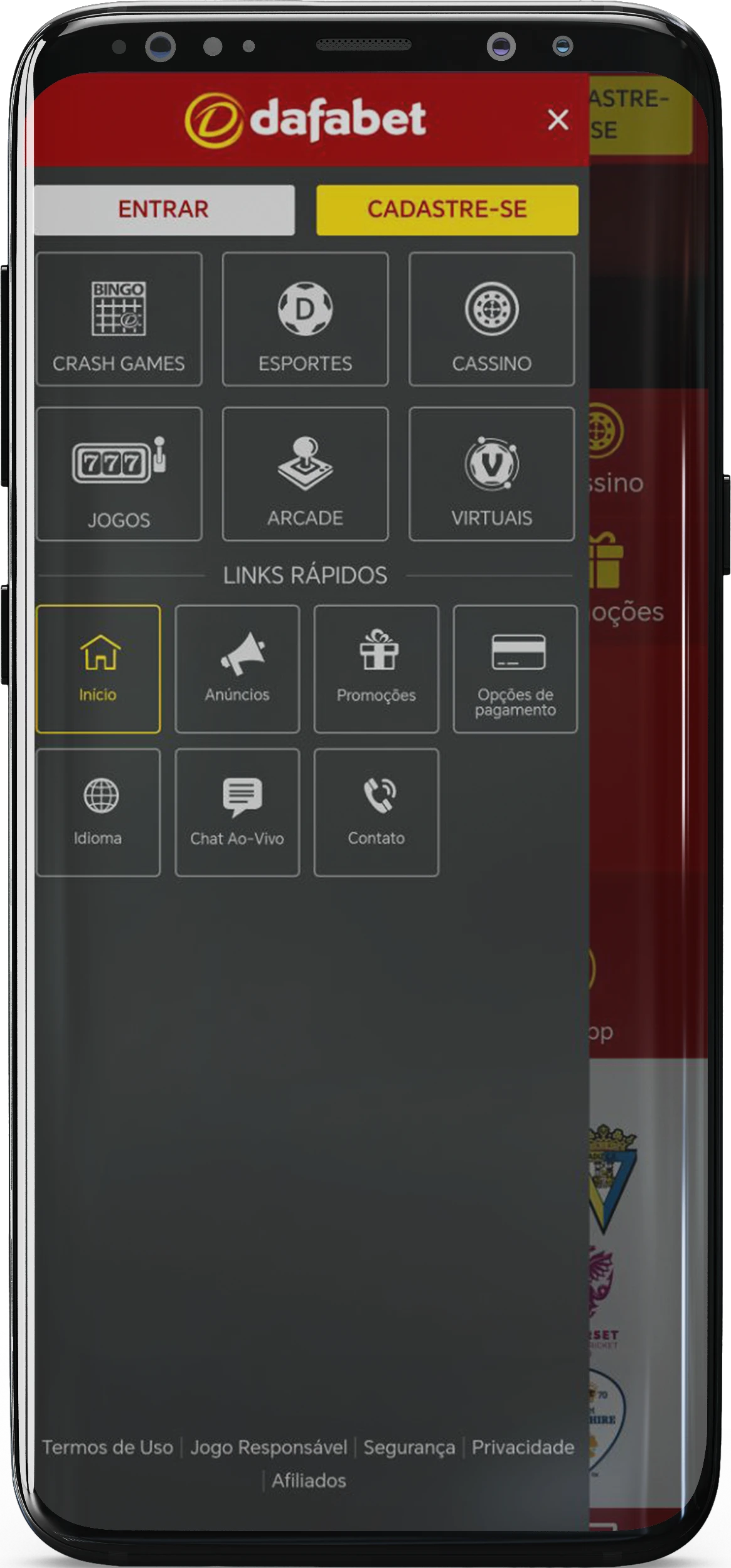 Captura de tela do menu no aplicativo Dafabet