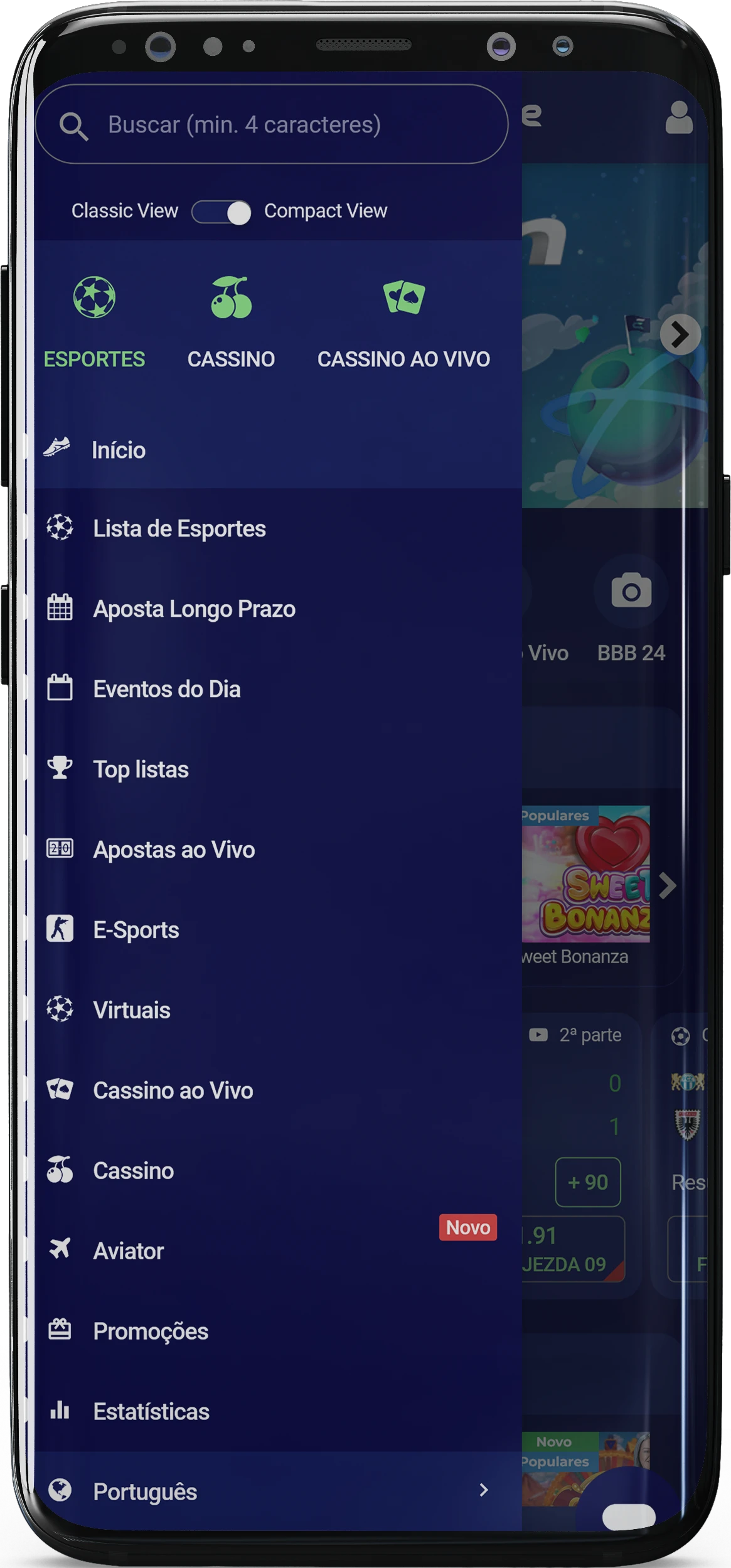 Captura de tela do menu no aplicativo Esportes Da Sorte