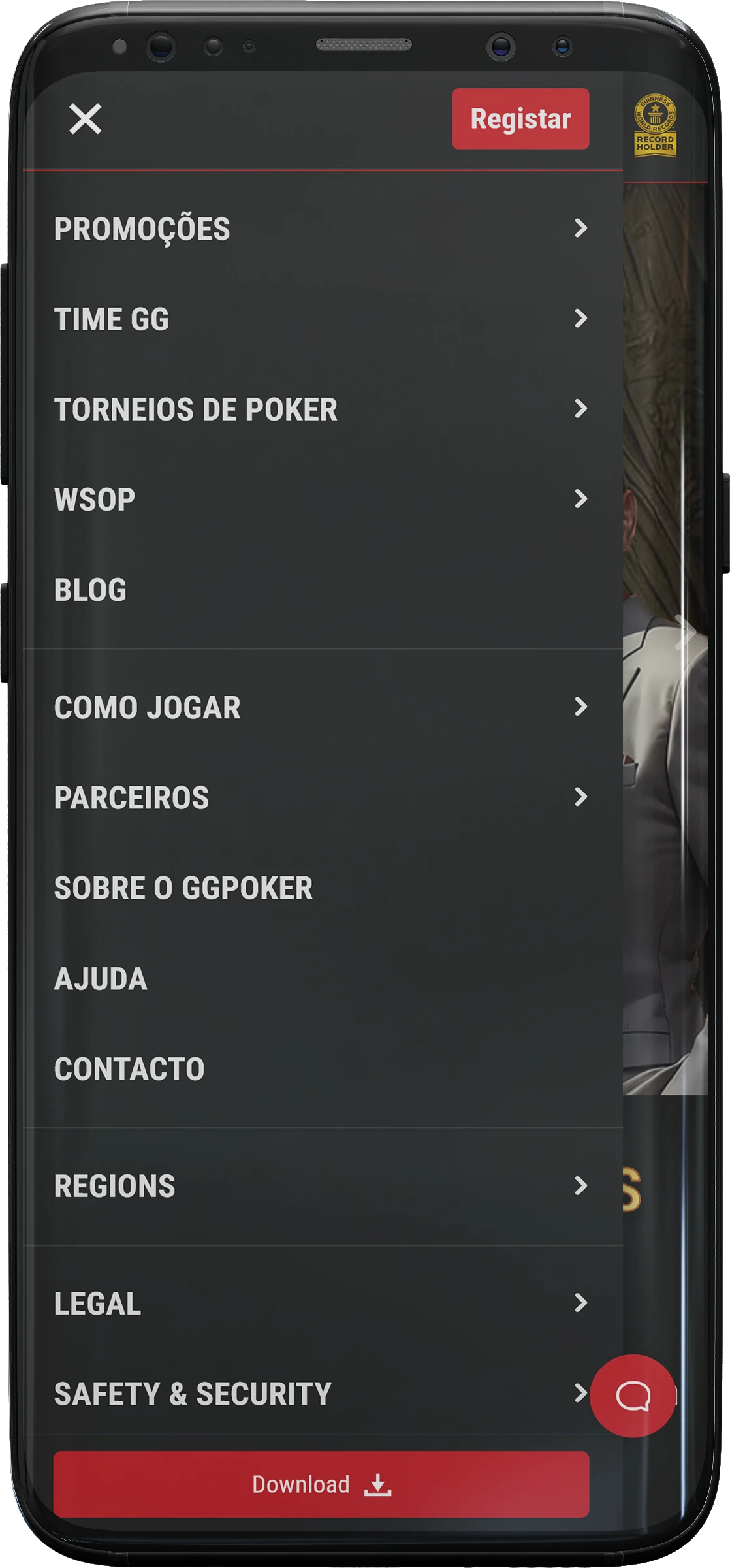 Captura de tela da página do menu no aplicativo GG Poker