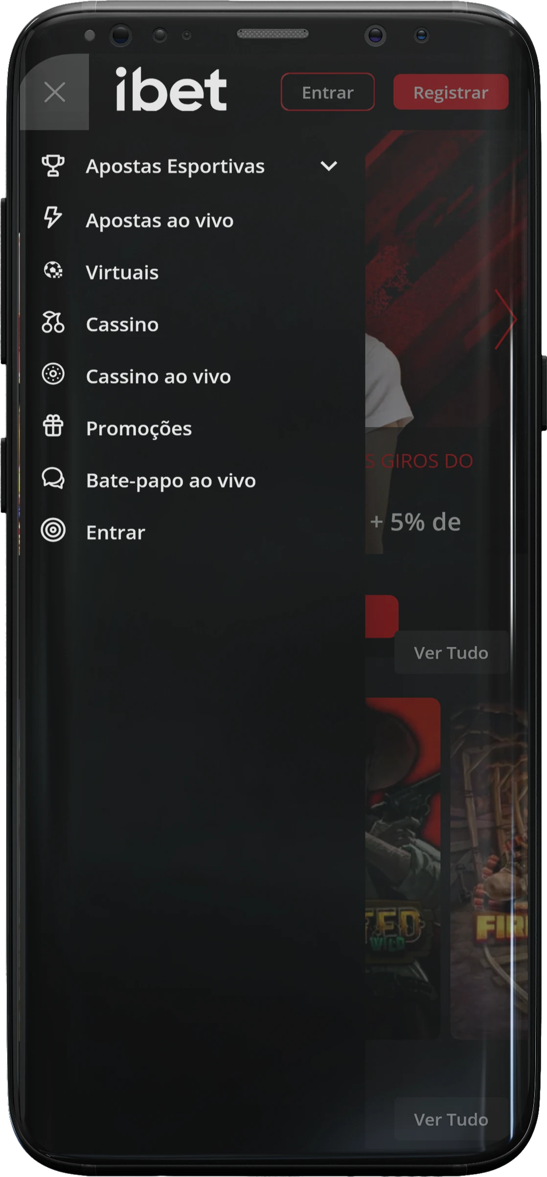 Captura de tela do menu no aplicativo iBet