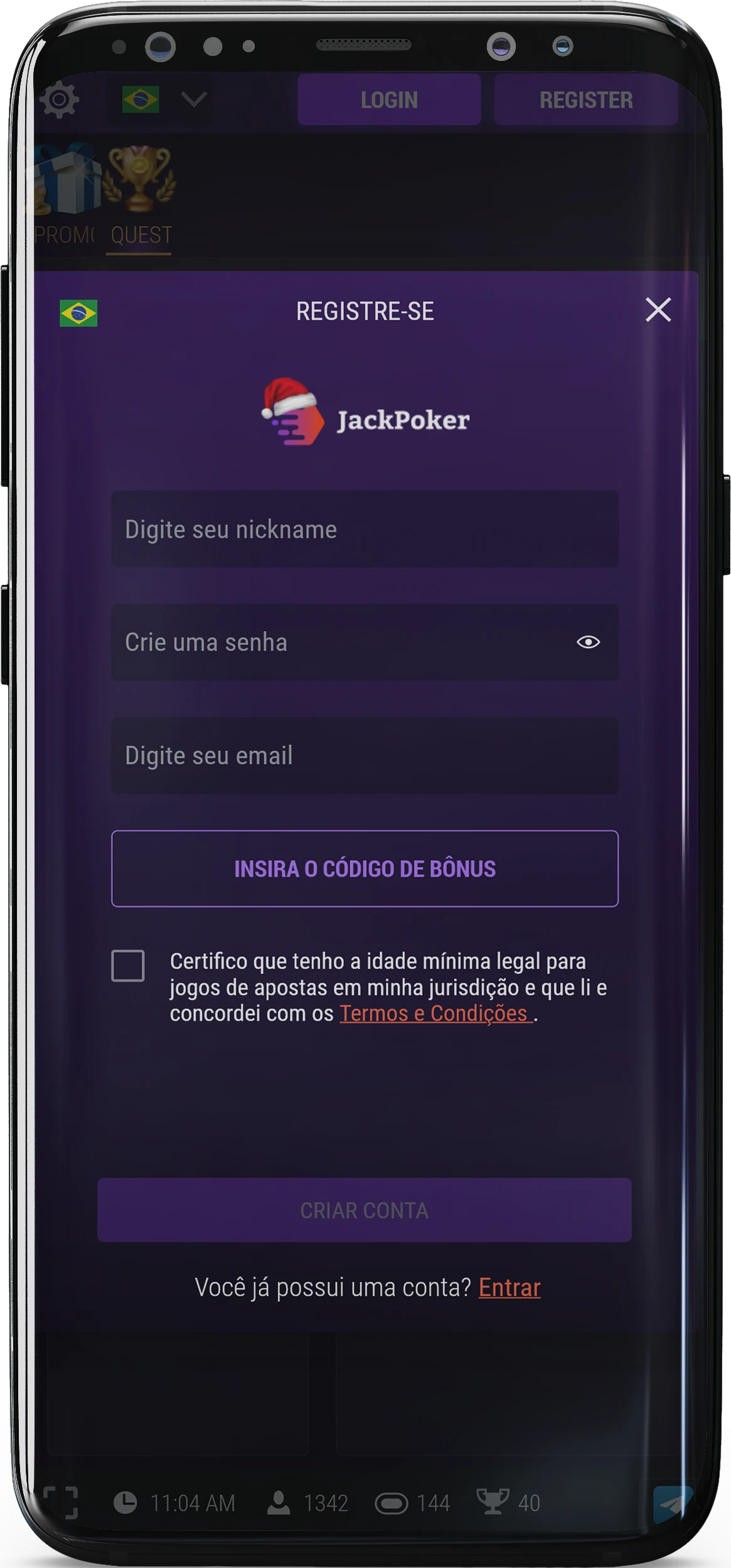 Captura de tela da página de registro do aplicativo Jackpoker