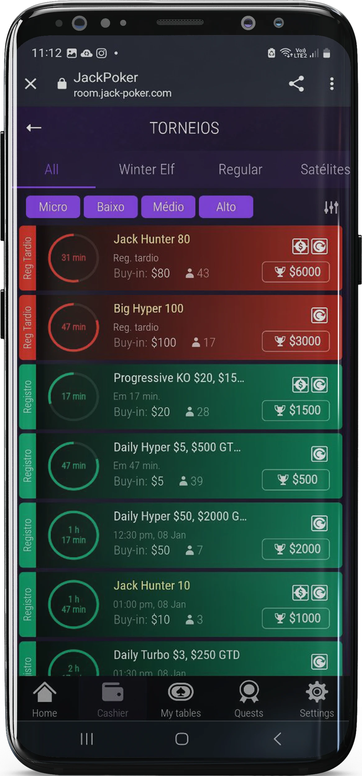 Captura de tela da página de torneios no aplicativo Jackpoker