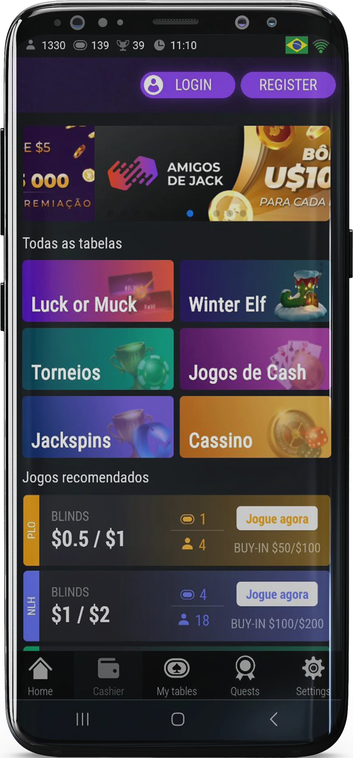 Captura de tela da página inicial do aplicativo Jackpoker