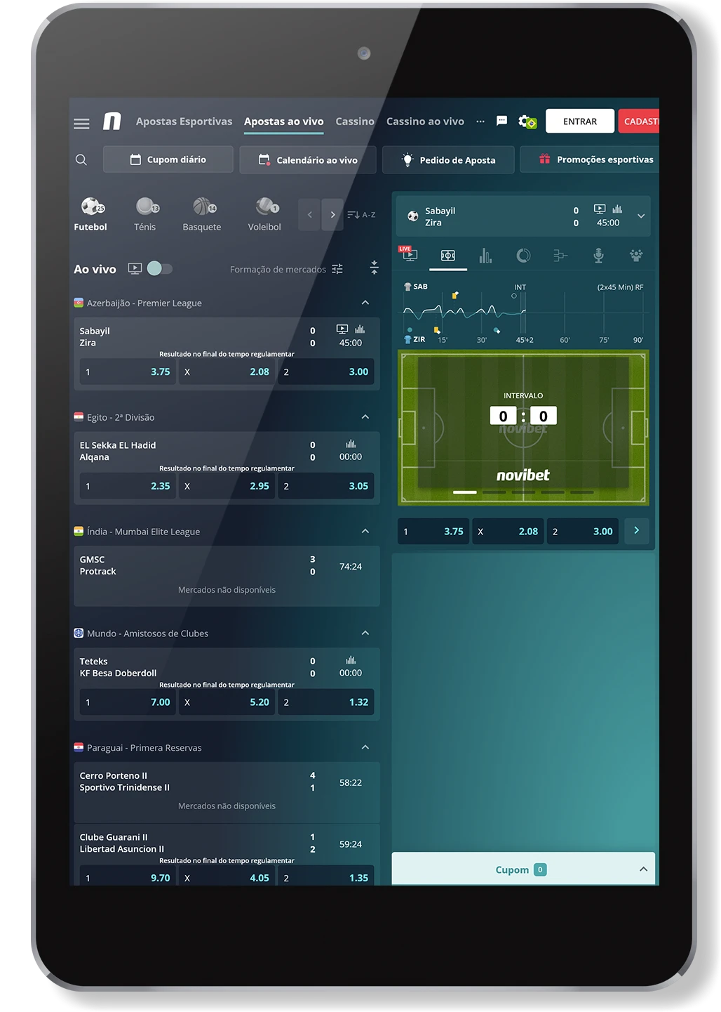 Captura de tela da seção de apostas ao vivo do aplicativo Novibet