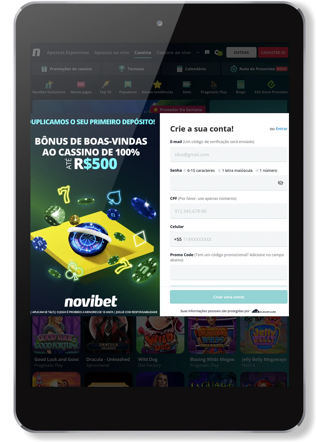 Captura de tela do registro no aplicativo Novibet