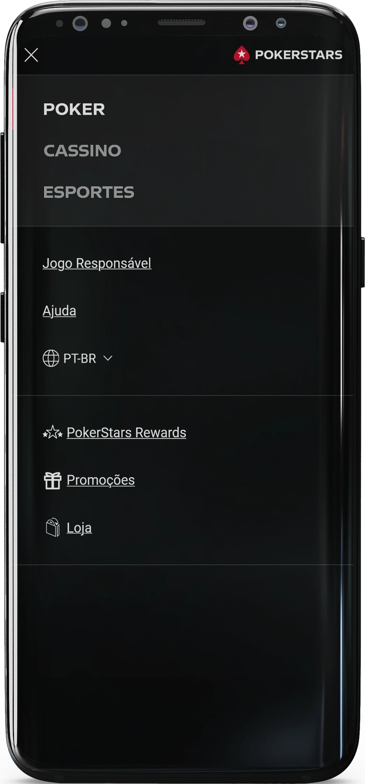 Captura de tela do menu no aplicativo PokerStars