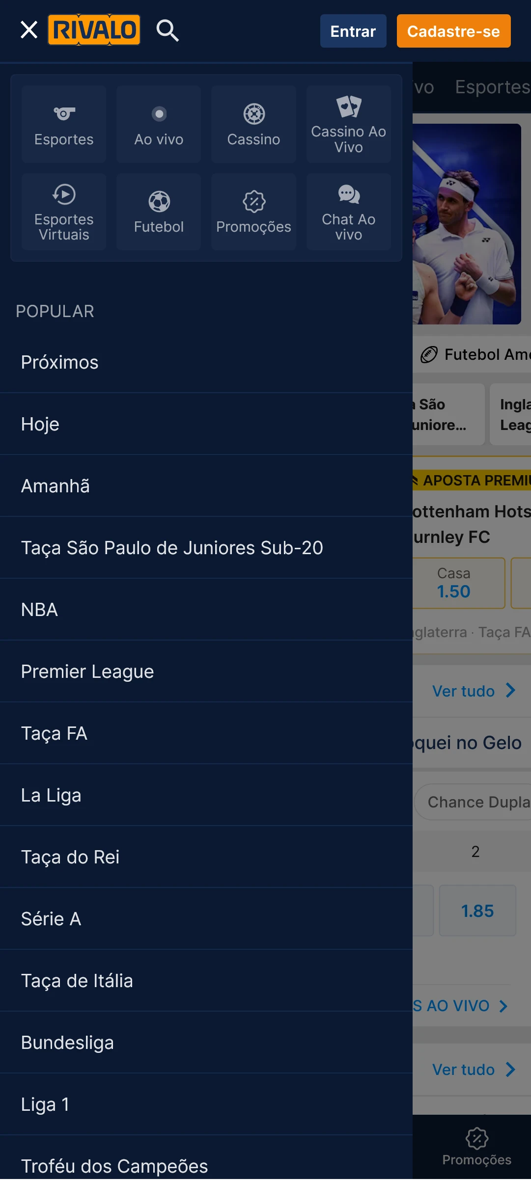 Captura de tela da página do menu no aplicativo Rivalo