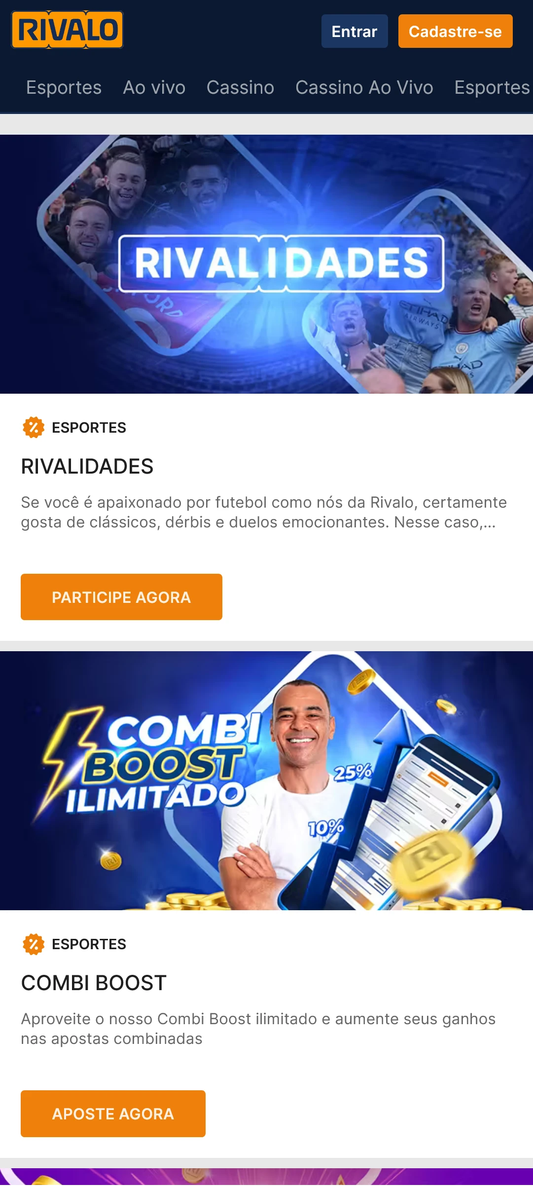 Captura de tela da página de promoções e bônus no aplicativo Rivalo
