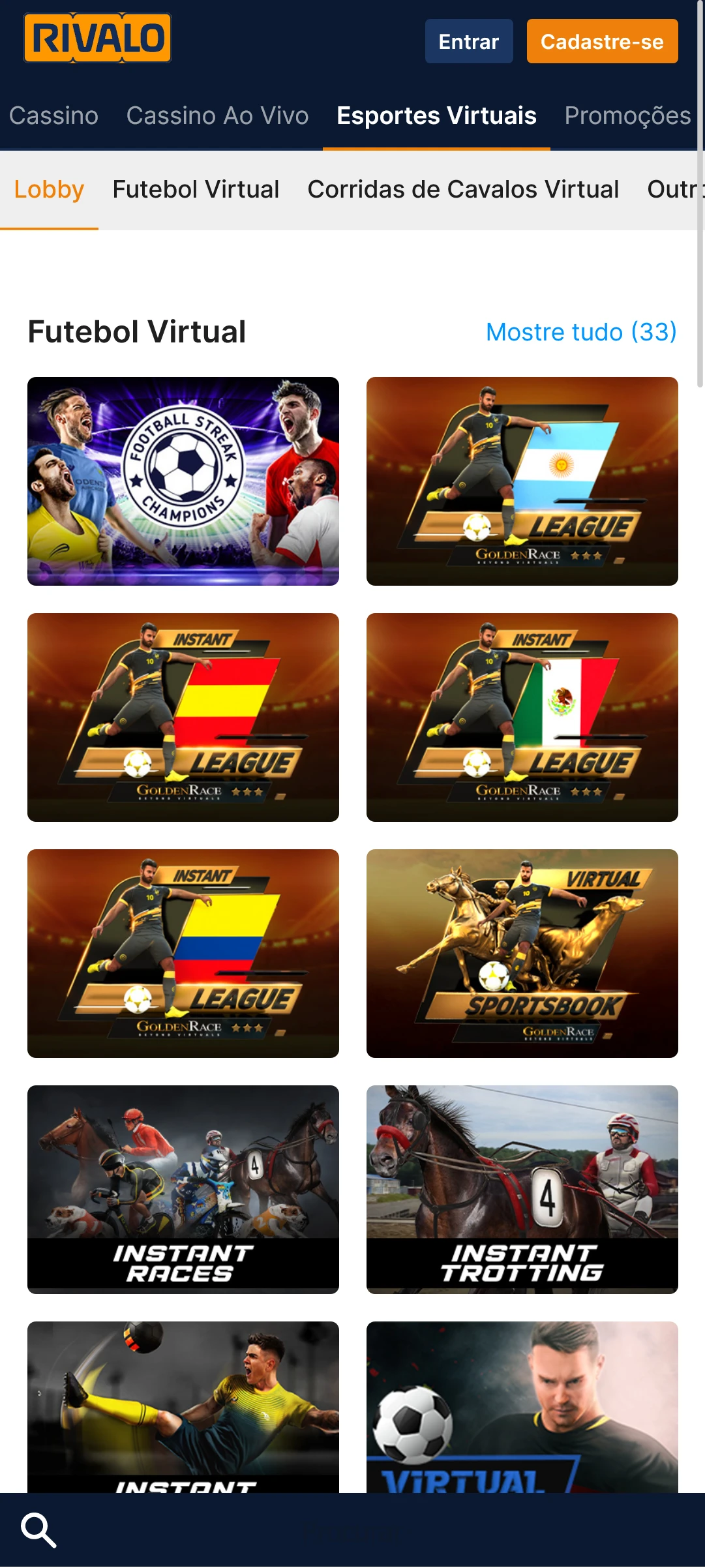 Captura de tela da página virtual de esportes no aplicativo Rivalo