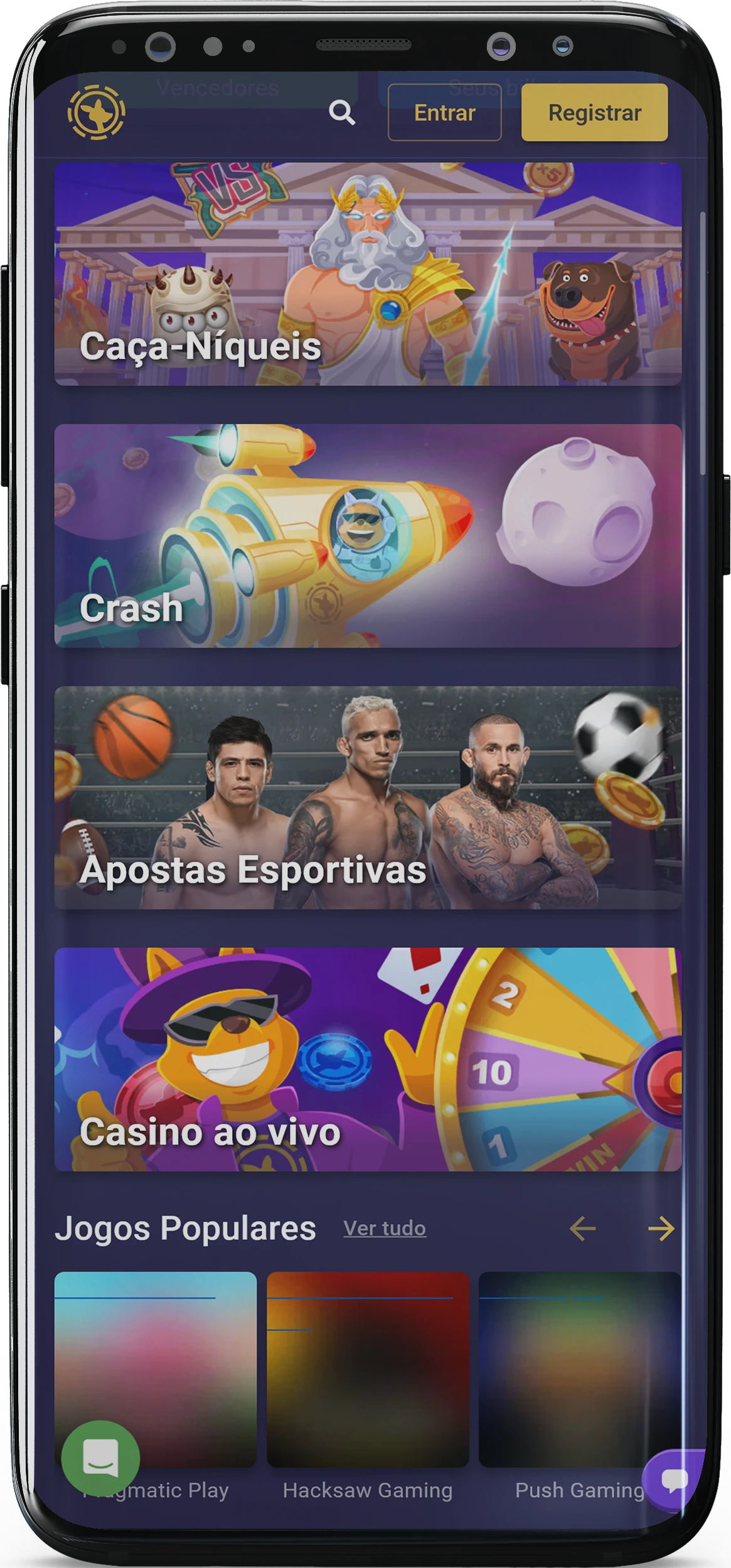Captura de tela de todas as categorias de jogos no aplicativo Roobet