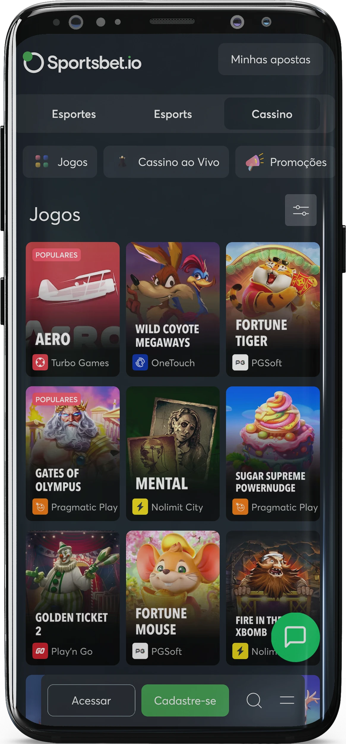 Captura de tela dos jogos de cassino no aplicativo Sportsbet io