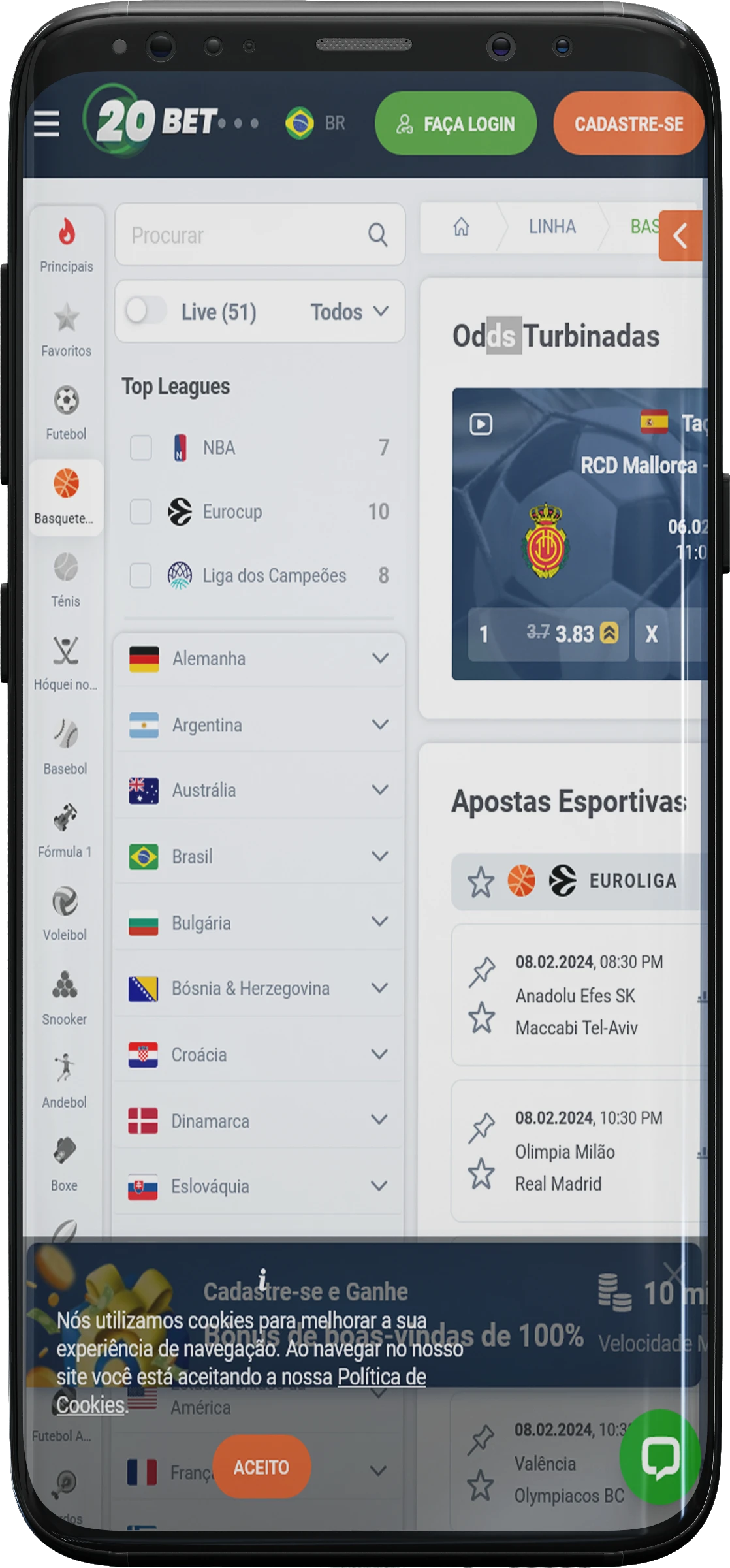 Captura de tela da seção de basquete do aplicativo 20bet