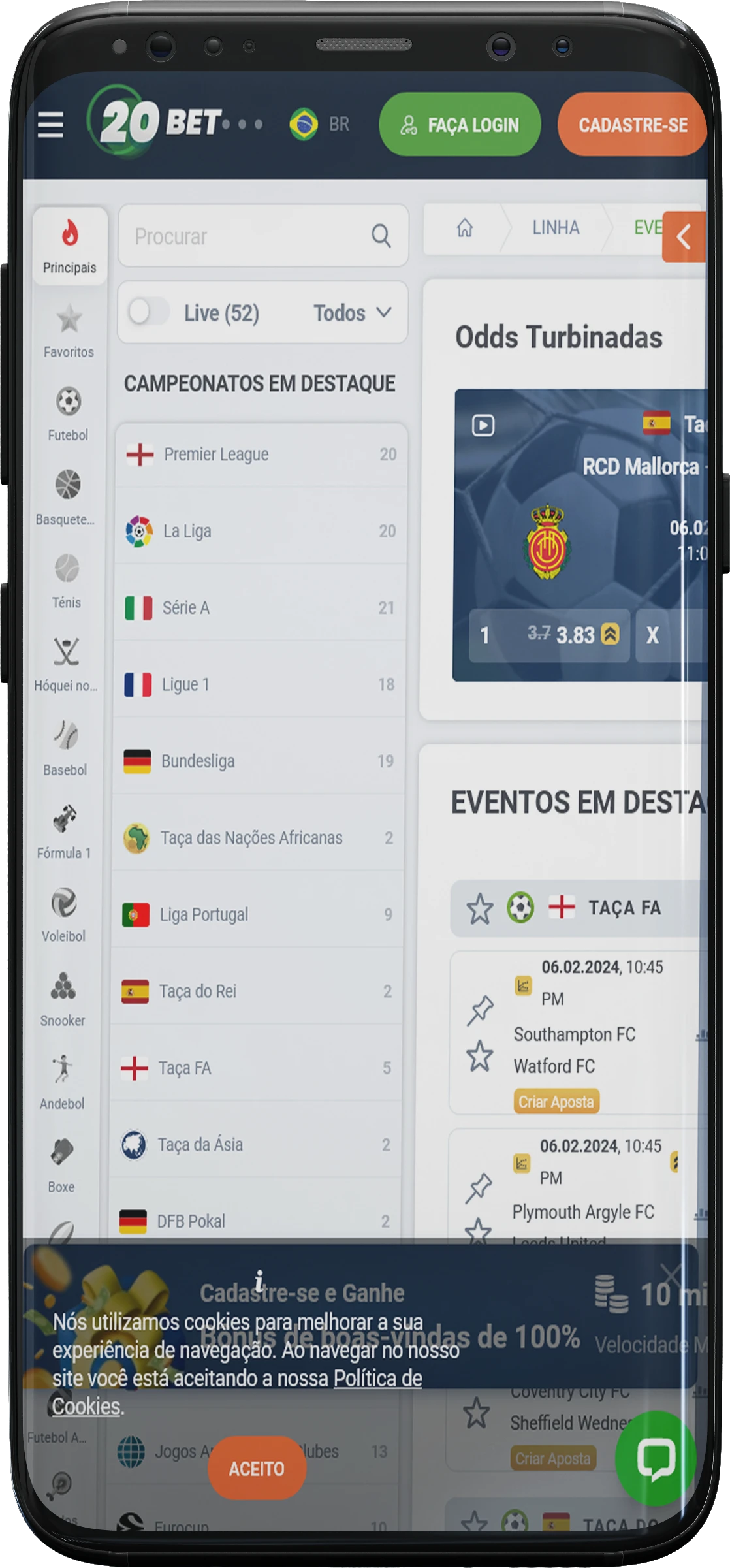 Captura de tela da seção de esportes no aplicativo 20bet