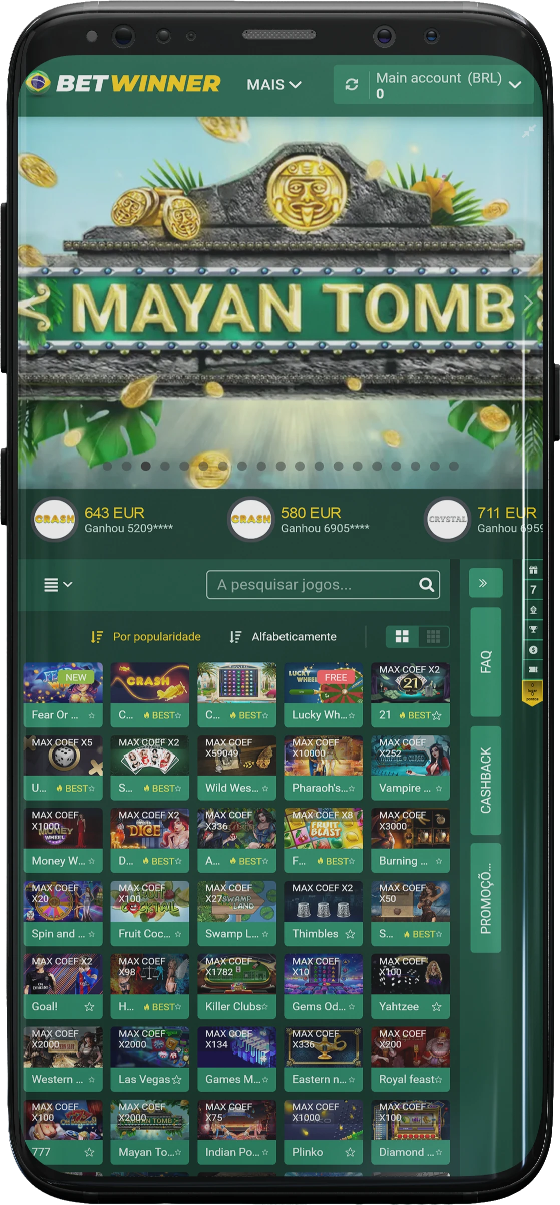 Captura de tela dos jogos de cassino no aplicativo Betwinner